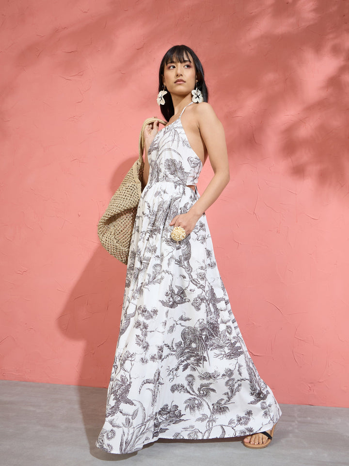 Women Black &amp; White Floral Strappy Back Maxi Dress