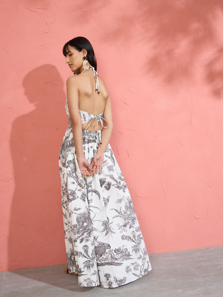 Women Black &amp; White Floral Strappy Back Maxi Dress