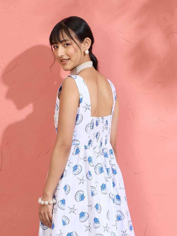 Women White &amp; Blue Printed Sleeveless Button Down Midi Dress