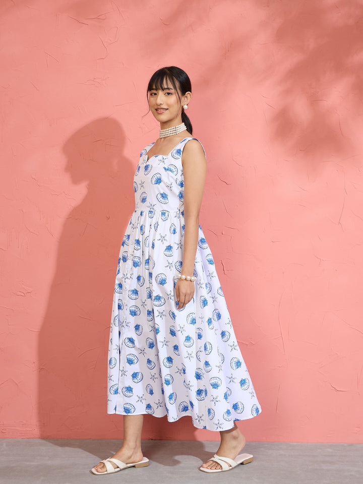 Women White &amp; Blue Printed Sleeveless Button Down Midi Dress