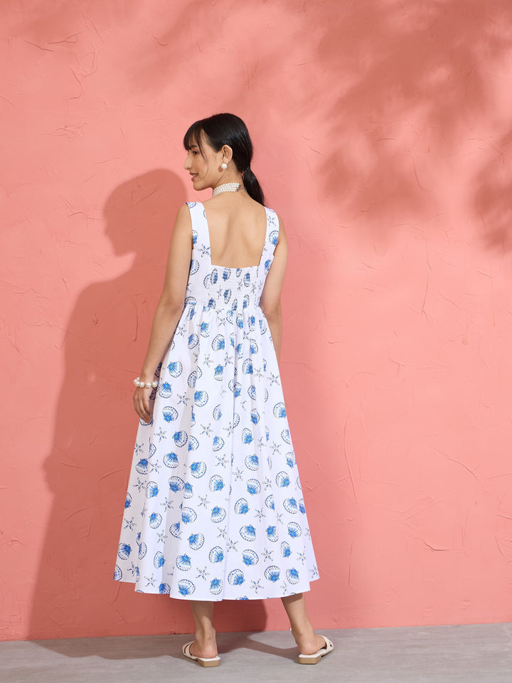 Women White &amp; Blue Printed Sleeveless Button Down Midi Dress