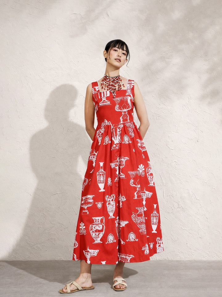 Women Red &amp; White Printed Sleeveless Button Down Midi Dress