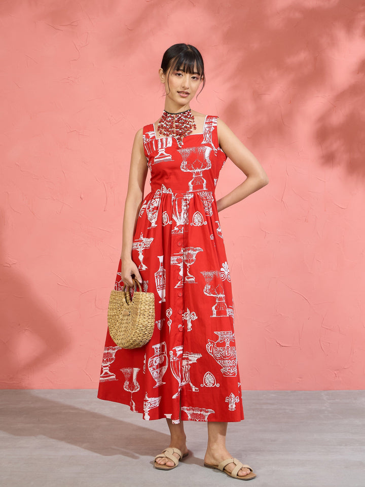 Women Red &amp; White Printed Sleeveless Button Down Midi Dress
