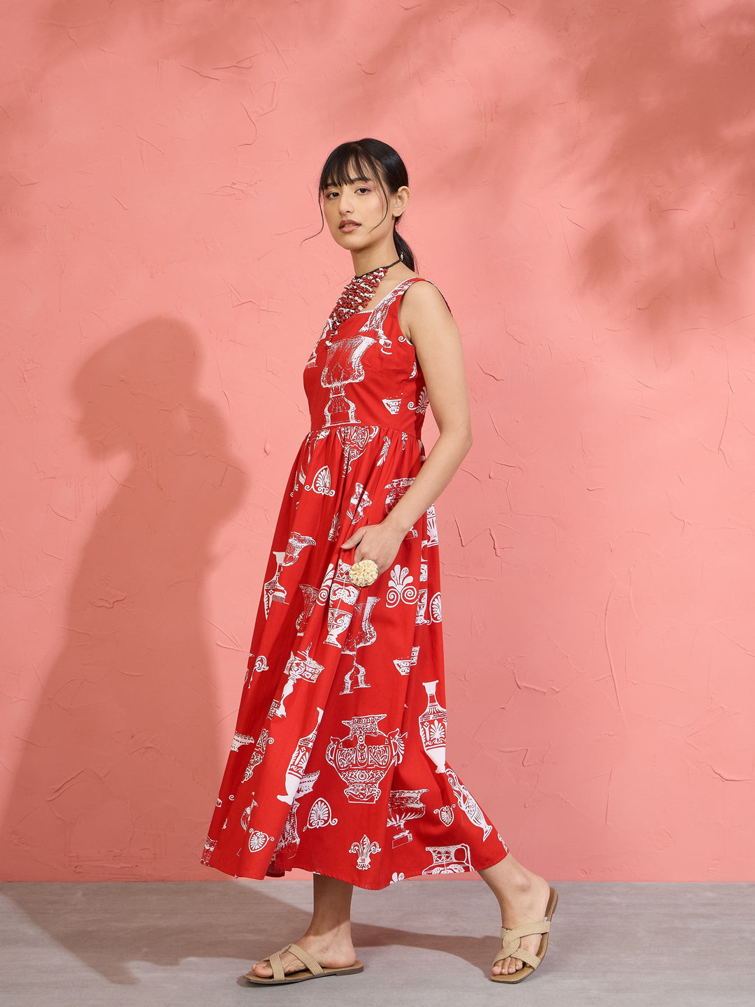 Women Red &amp; White Printed Sleeveless Button Down Midi Dress