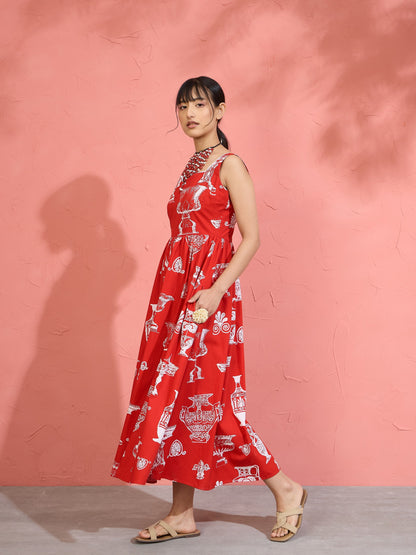 Women Red & White Printed Sleeveless Button Down Midi Dress