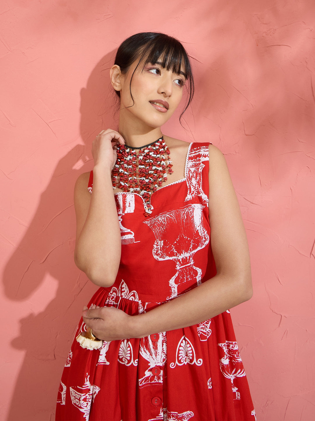 Women Red &amp; White Printed Sleeveless Button Down Midi Dress