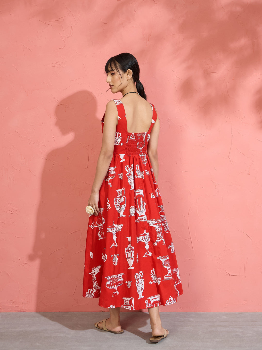Women Red &amp; White Printed Sleeveless Button Down Midi Dress