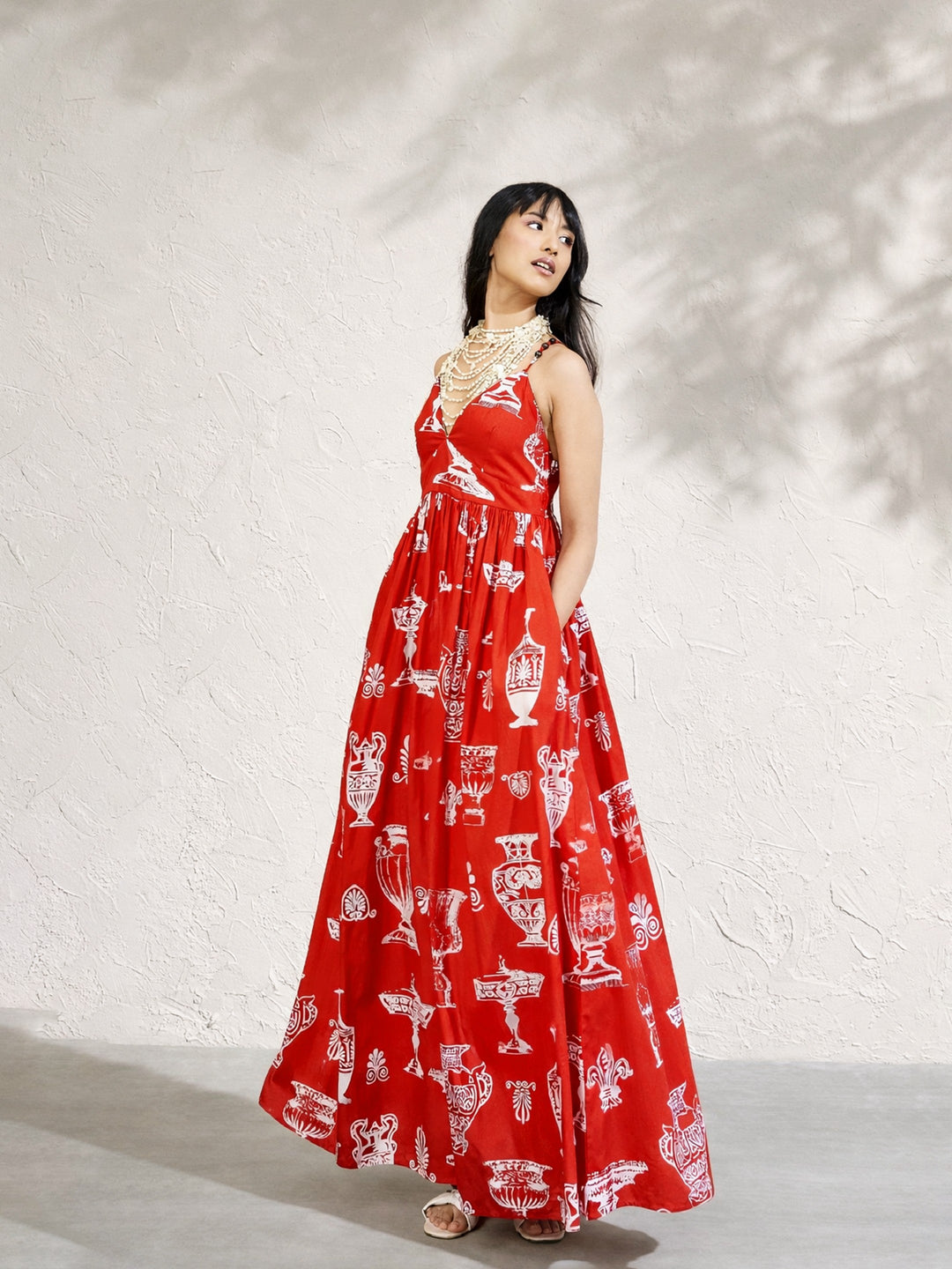 Women Red Printed Strappy Flared Maxi Dress