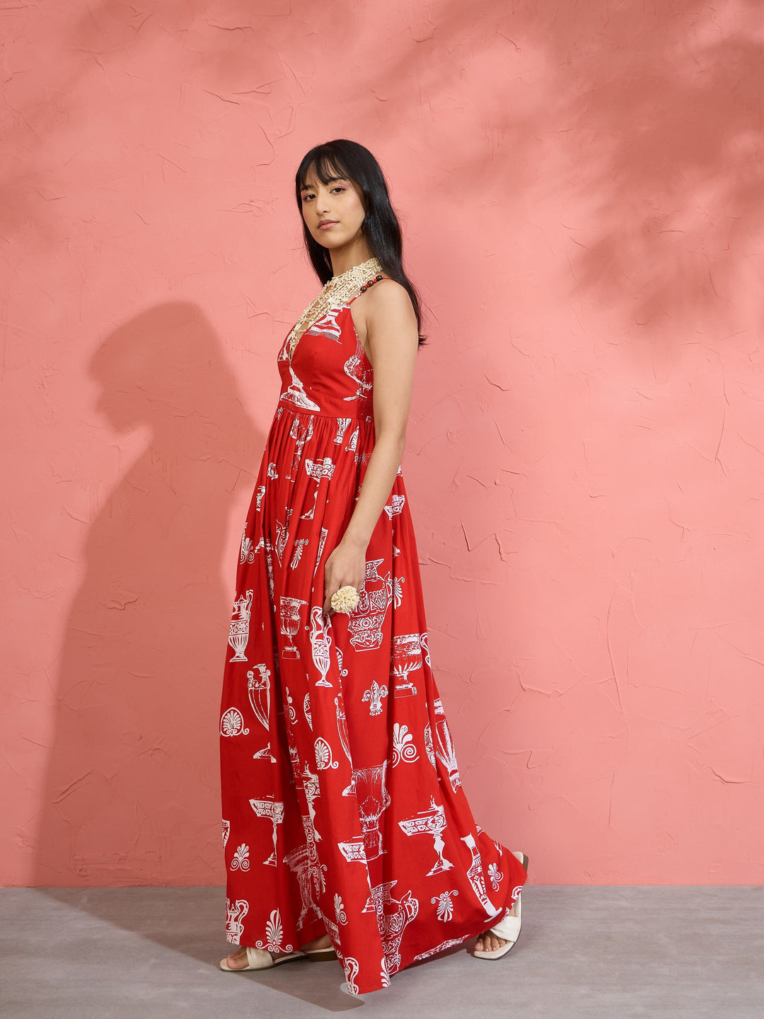 Women Red Printed Strappy Flared Maxi Dress