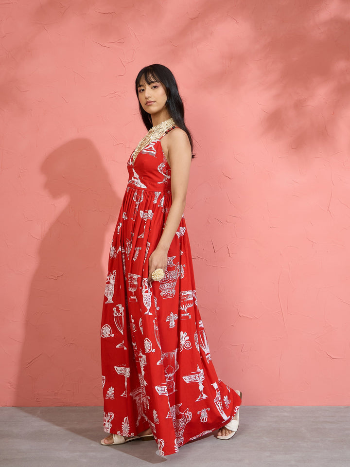 Women Red Printed Strappy Flared Maxi Dress
