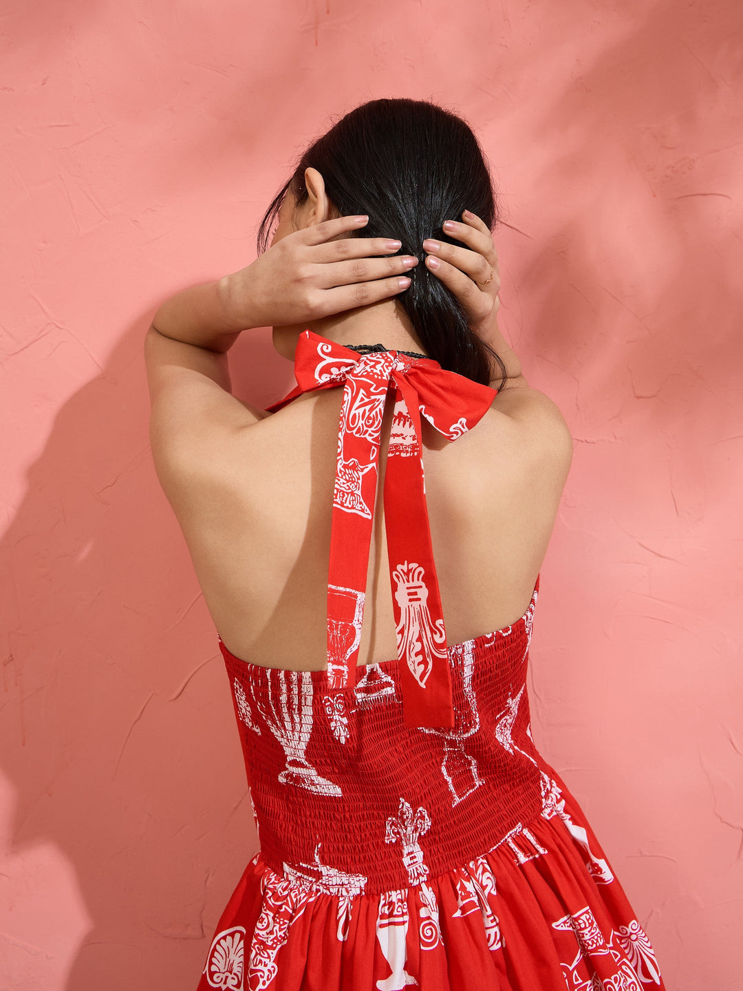 Women Red Printed Low Waist Halter Neck Short Dress