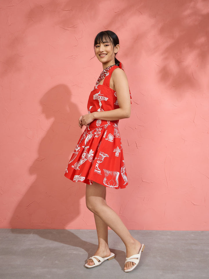 Women Red Printed Low Waist Halter Neck Short Dress