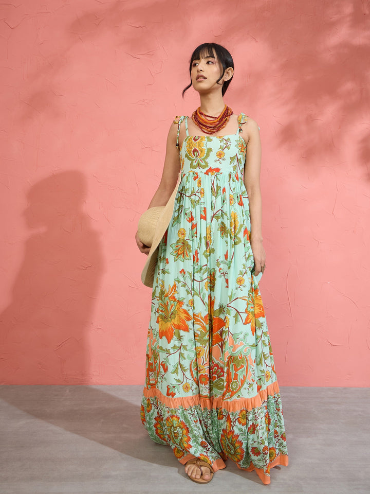 Women Sea Green Floral Strappy Tie-up Maxi Dress