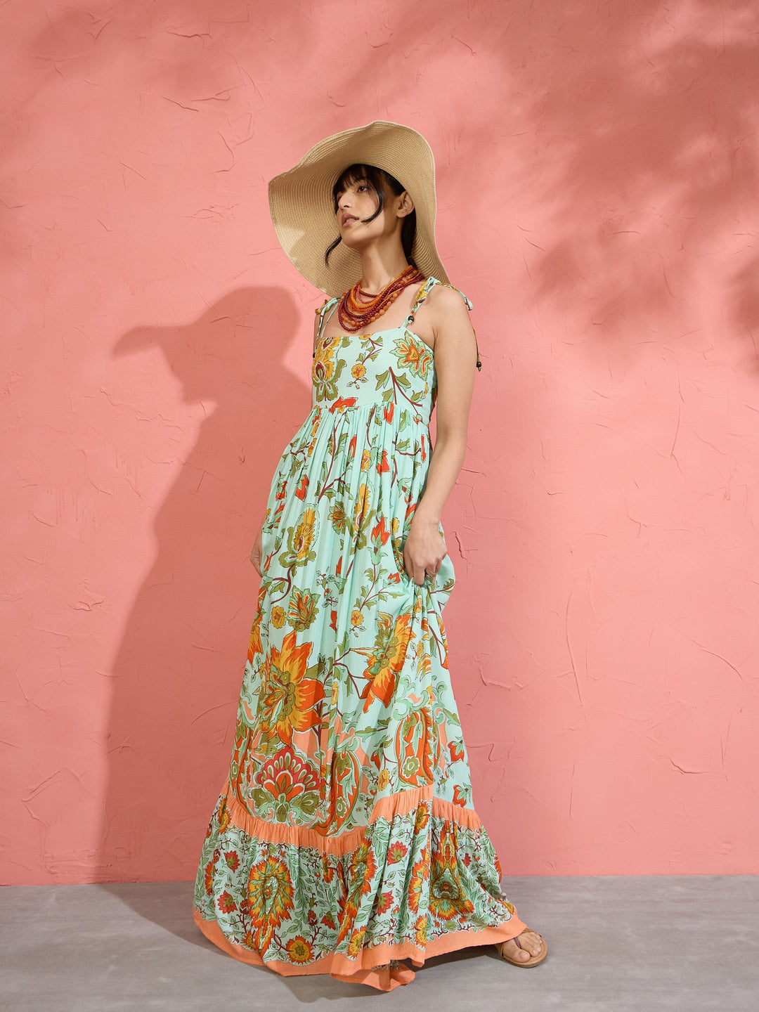 Women Sea Green Floral Strappy Tie-up Maxi Dress