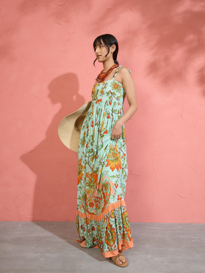 Women Sea Green Floral Strappy Tie-up Maxi Dress