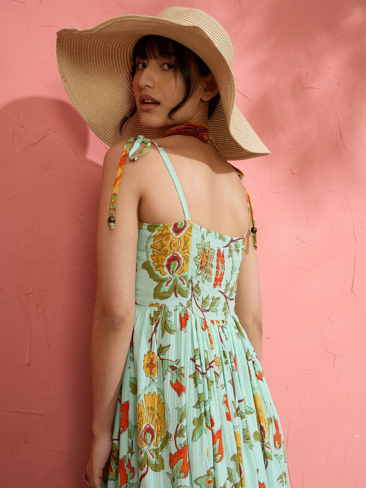 Women Sea Green Floral Strappy Tie-up Maxi Dress