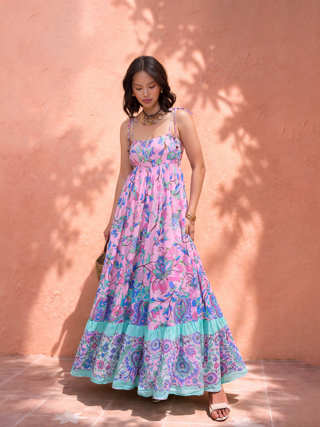 Women Pink Floral Strappy Tie-up Maxi Dress