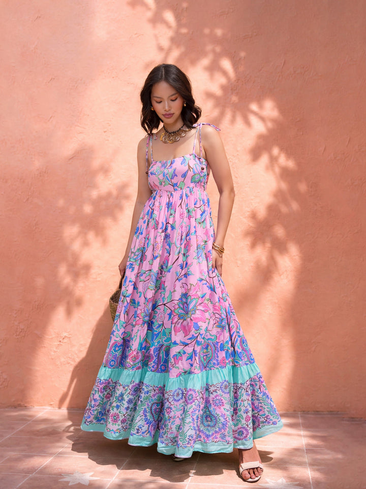 Women Pink Floral Strappy Tie-up Maxi Dress