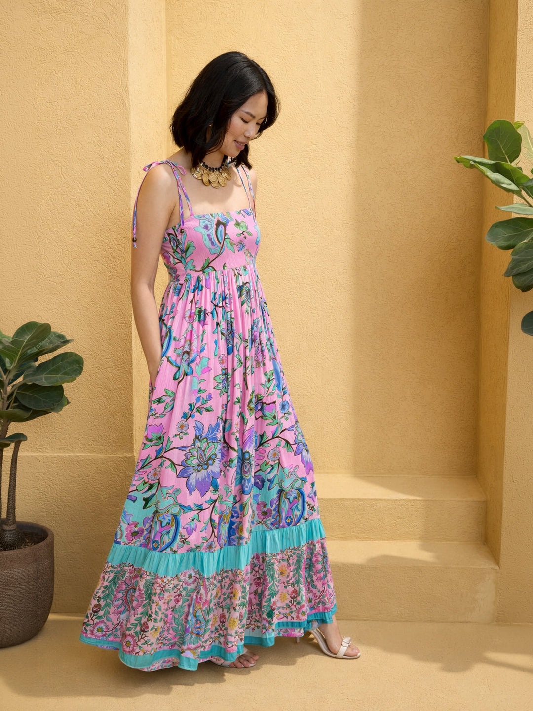 Women Pink Floral Strappy Tie-up Maxi Dress