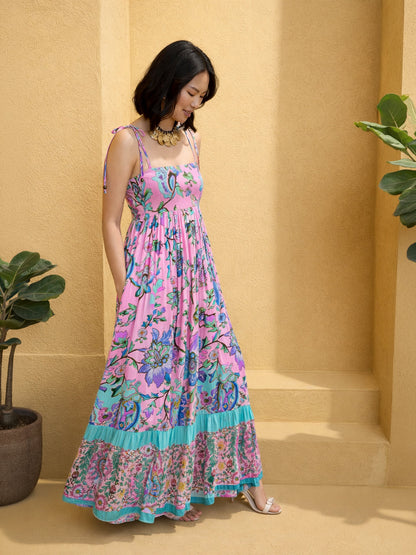 Women Pink Floral Strappy Tie-up Maxi Dress