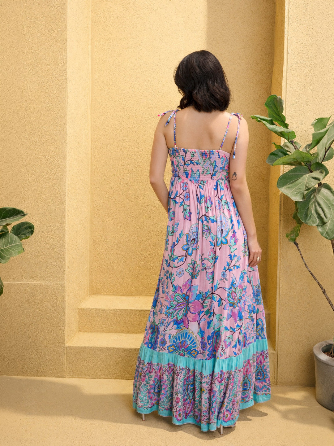 Women Pink Floral Strappy Tie-up Maxi Dress