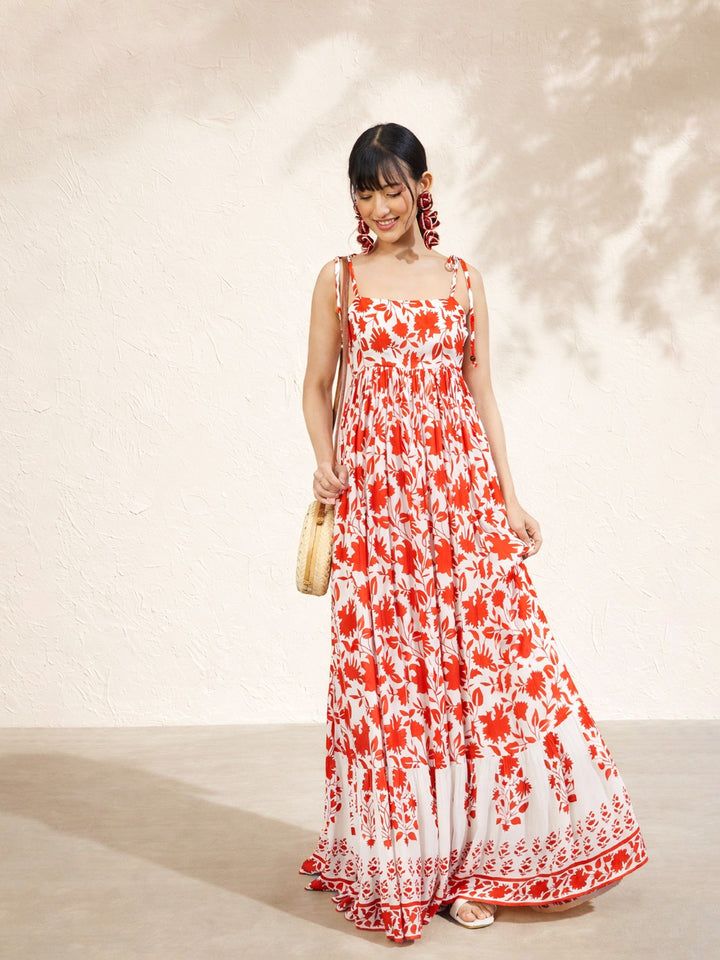 Women Red Floral Strappy Tie-up Maxi Dress