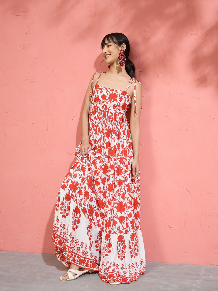 Women Red Floral Strappy Tie-up Maxi Dress