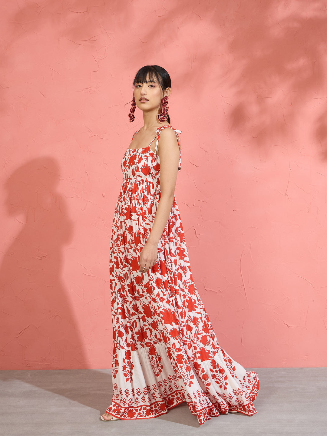 Women Red Floral Strappy Tie-up Maxi Dress
