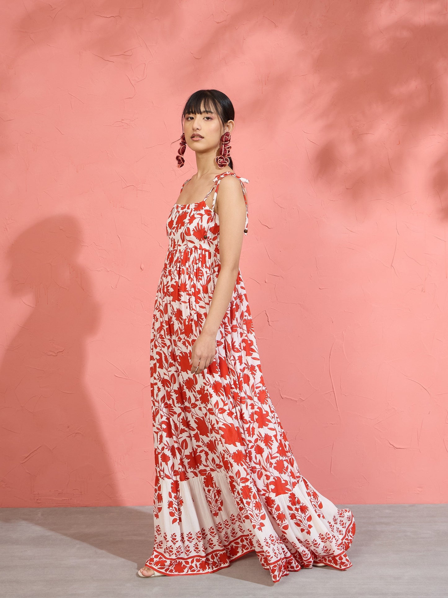 Women Red Floral Strappy Tie-up Maxi Dress