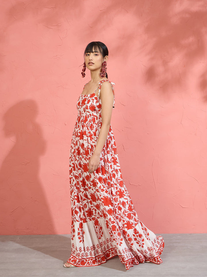 Women Red Floral Strappy Tie-up Maxi Dress