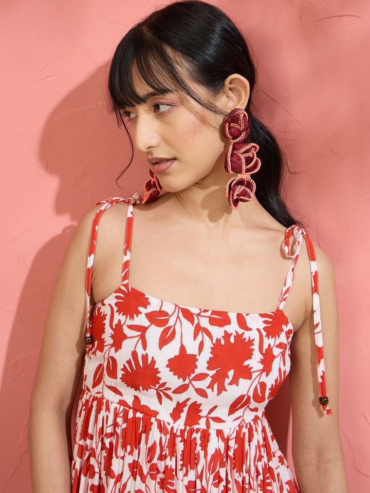 Women Red Floral Strappy Tie-up Maxi Dress