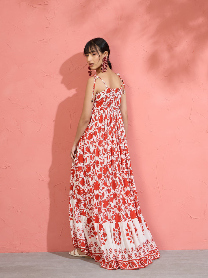 Women Red Floral Strappy Tie-up Maxi Dress