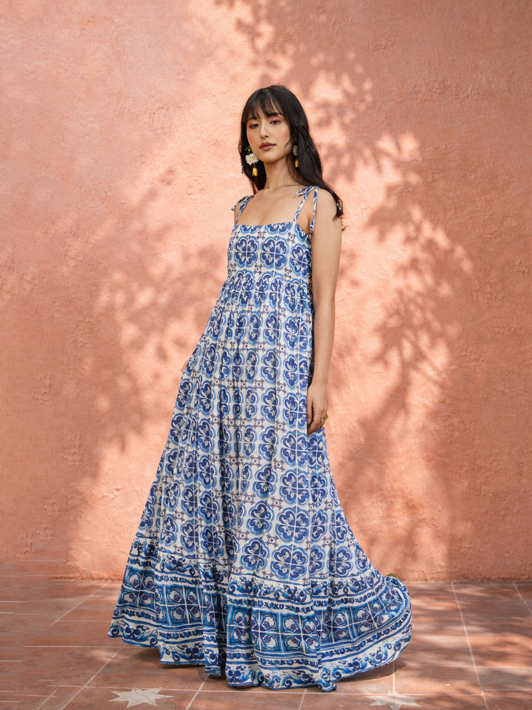 Women Blue Floral Strappy Tie-up Maxi Dress