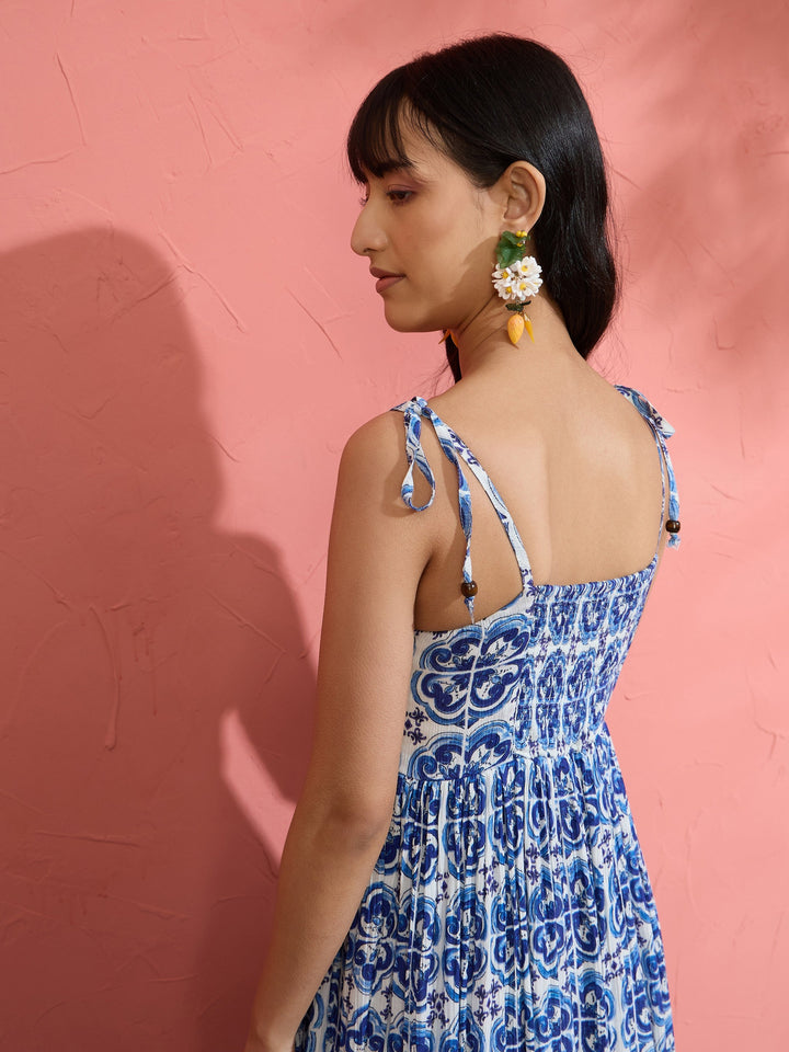 Women Blue Floral Strappy Tie-up Maxi Dress