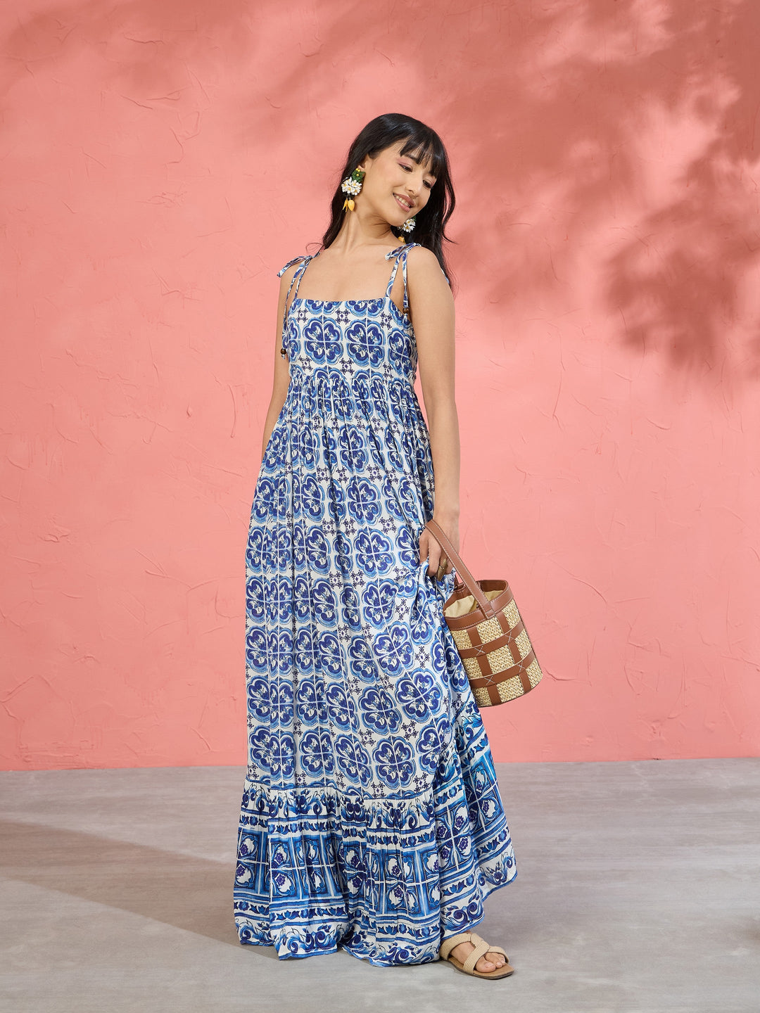 Women Blue Floral Strappy Tie-up Maxi Dress