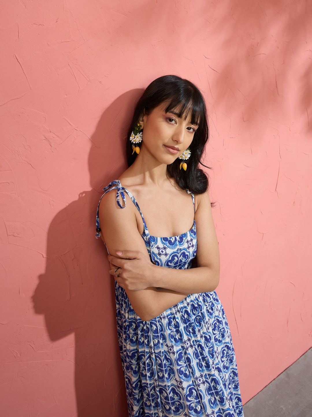 Women Blue Floral Strappy Tie-up Maxi Dress