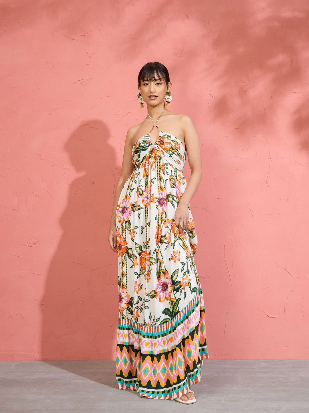 Women White Floral Front Ruched Tie-Back Maxi Dress
