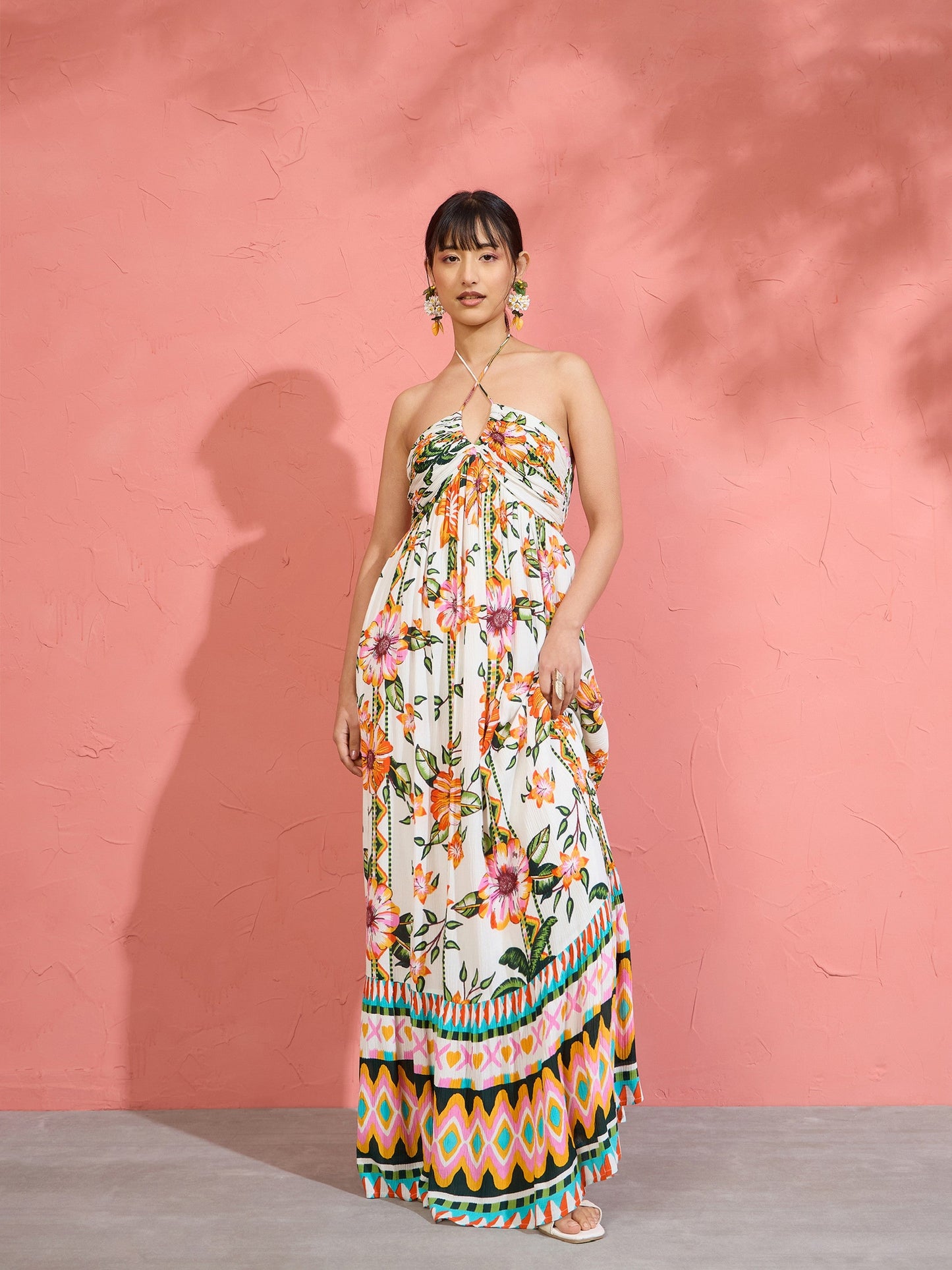 Women White Floral Front Ruched Tie-Back Maxi Dress