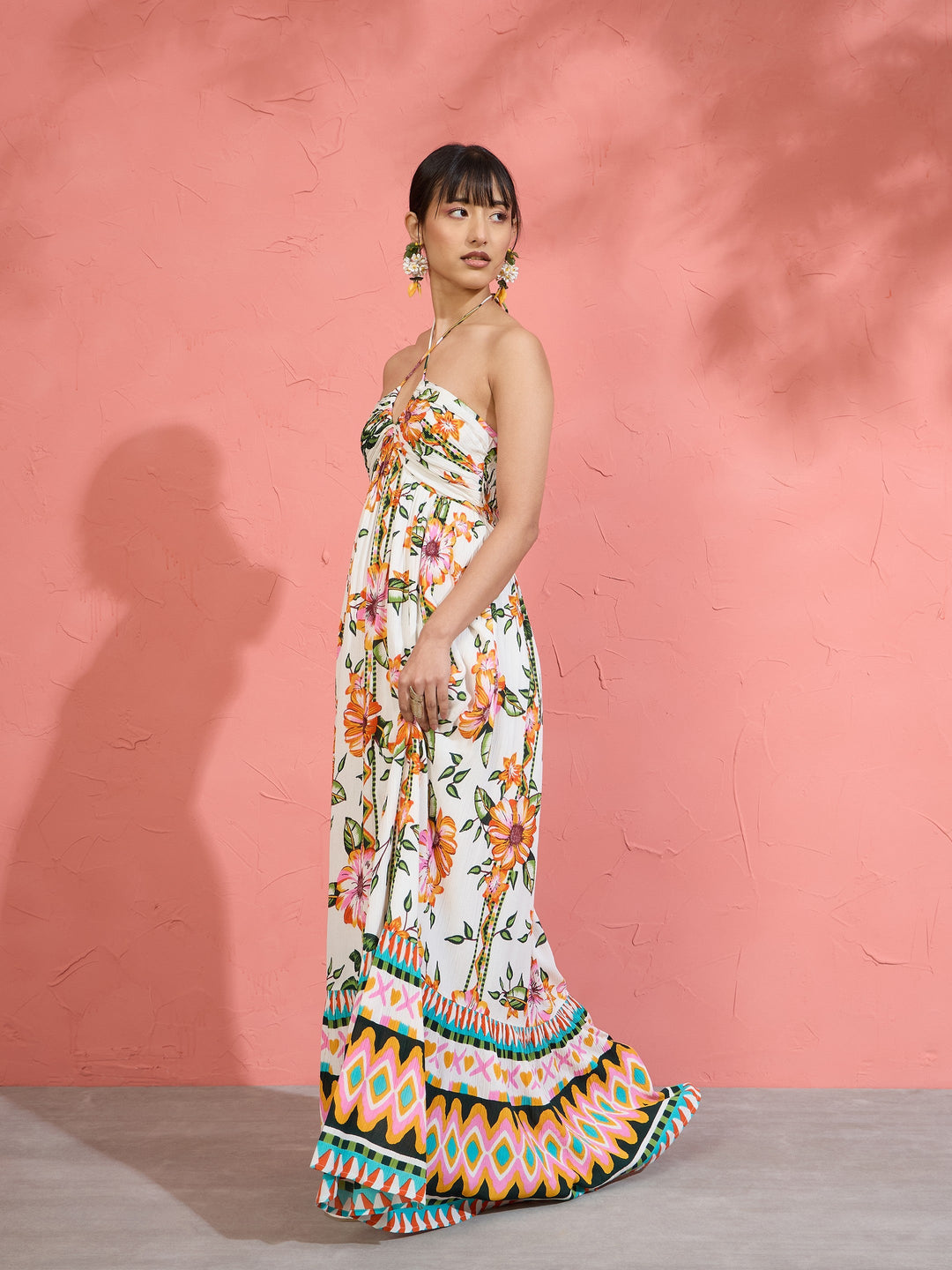 Women White Floral Front Ruched Tie-Back Maxi Dress