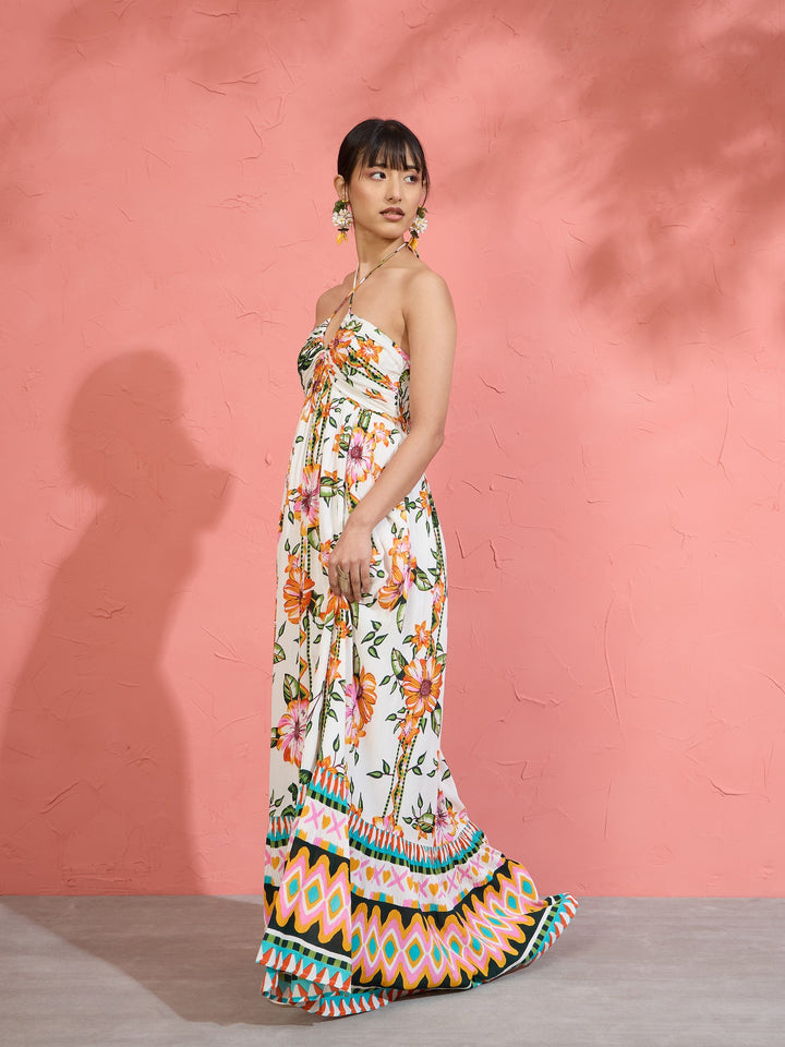 Women White Floral Front Ruched Tie-Back Maxi Dress