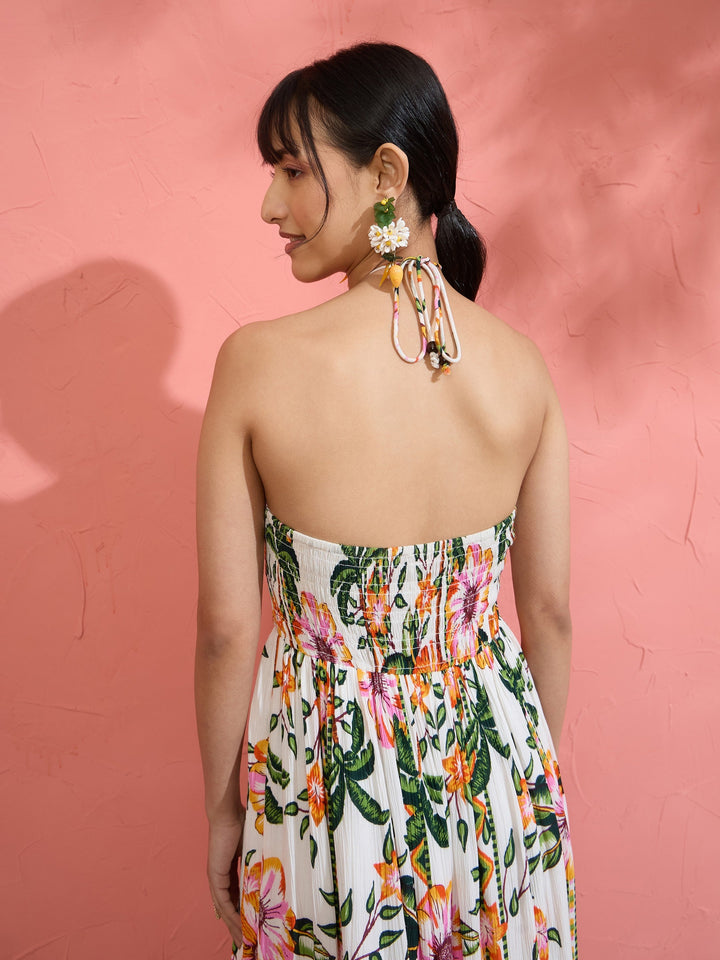 Women White Floral Front Ruched Tie-Back Maxi Dress