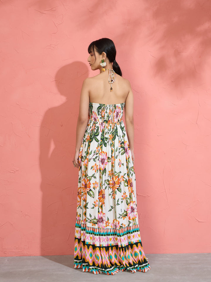 Women White Floral Front Ruched Tie-Back Maxi Dress