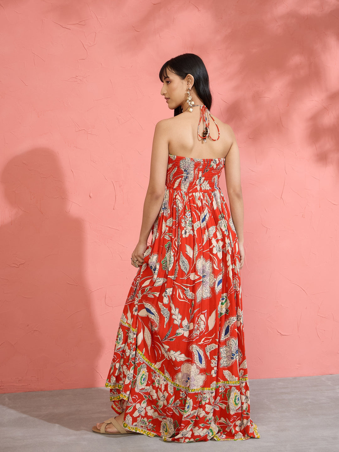 Women Red Floral Front Ruched Tie-Back Maxi Dress