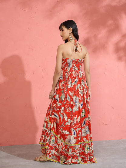 Women Red Floral Front Ruched Tie-Back Maxi Dress
