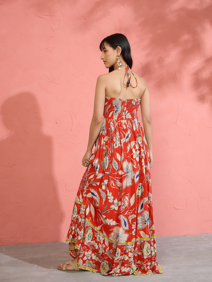 Women Red Floral Front Ruched Tie-Back Maxi Dress