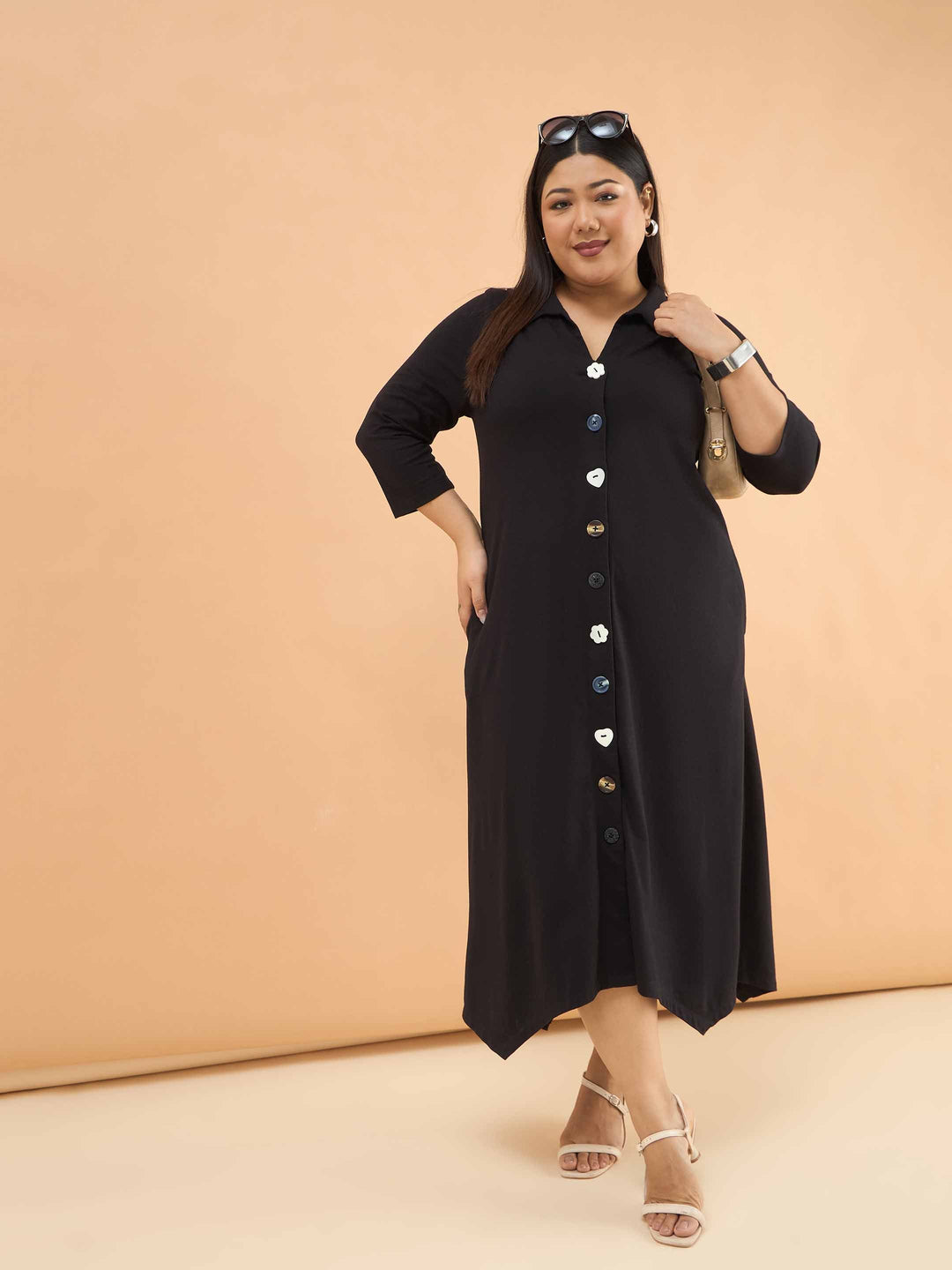 Black Multi Design Button Down Midi Dress