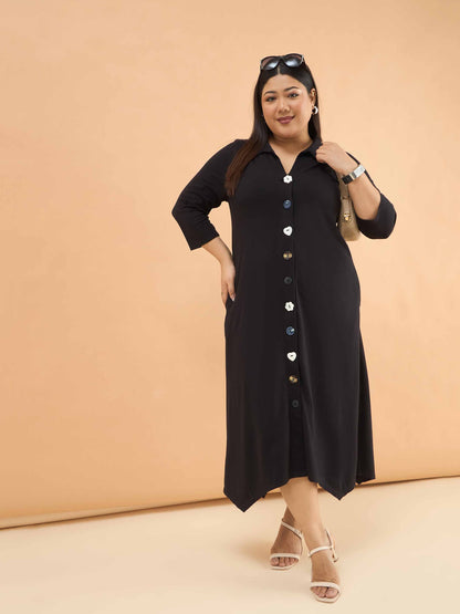 Black Multi Design Button Down Midi Dress