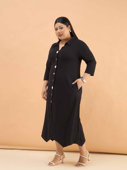 Black Multi Design Button Down Midi Dress