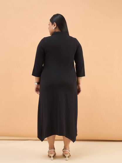 Black Multi Design Button Down Midi Dress