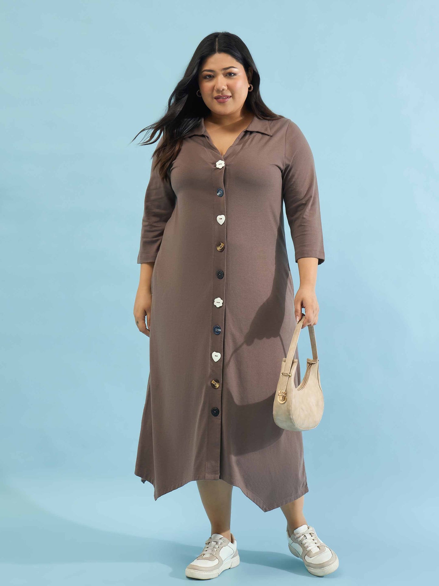 Taupe Multi Design Button Down Midi Dress